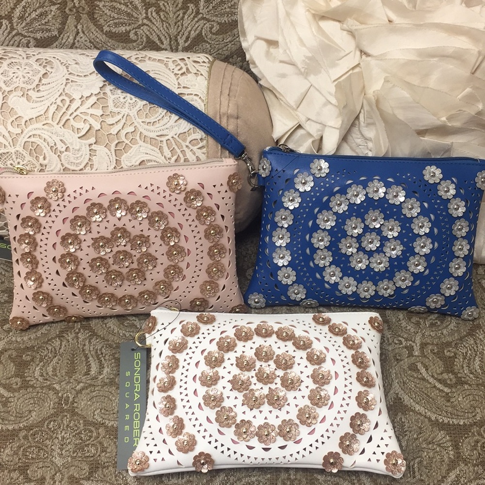 Large Flower Perforated Zipper Clutch/Wristlet,NWT-Boutique
